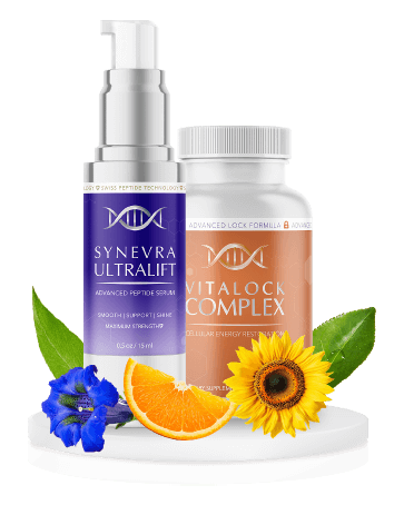 Synevra UltraLift serum and VitaLock Complex supplement bottles